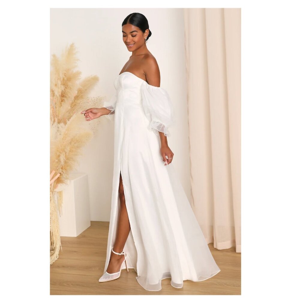 Lulus White Puffy Sleeve Off the Shoulder Wedding Dress XL - Brand New with Tags